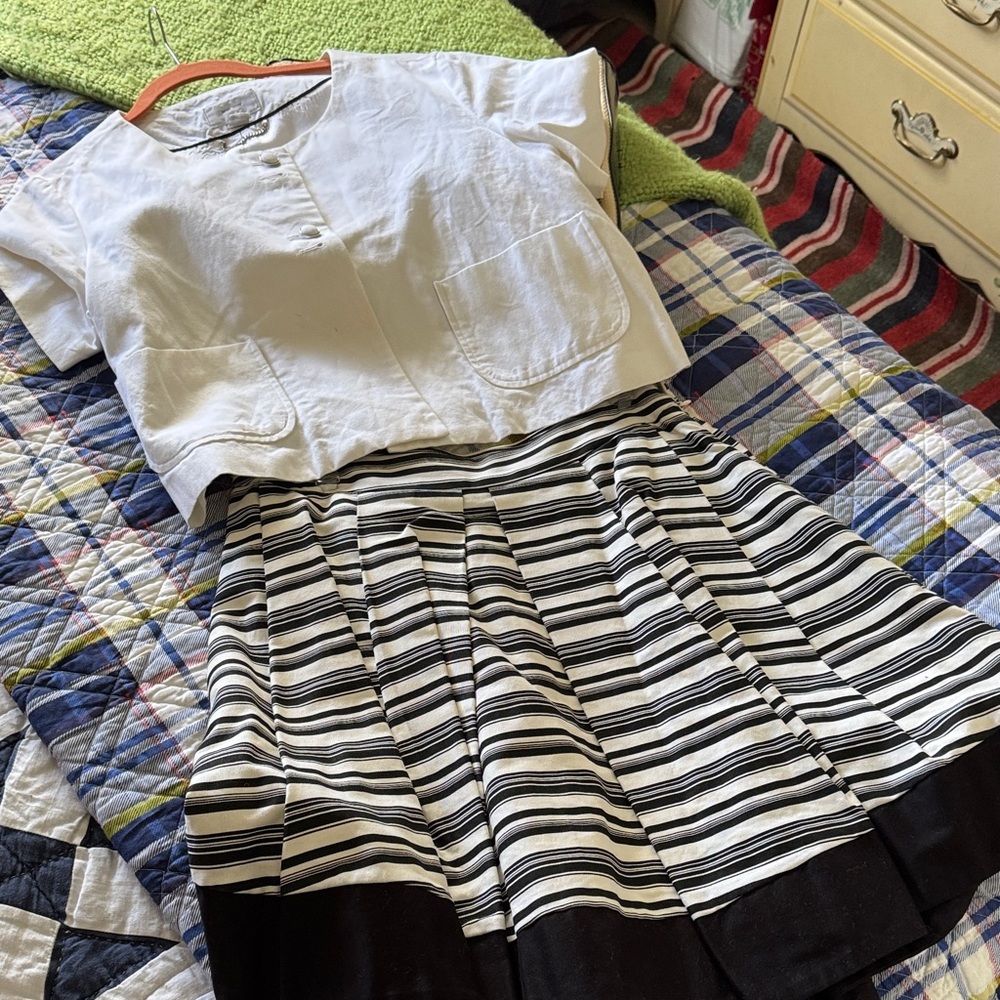 KOTON Chic Black and White Striped Skater Skirt and MNG SUIT jacket